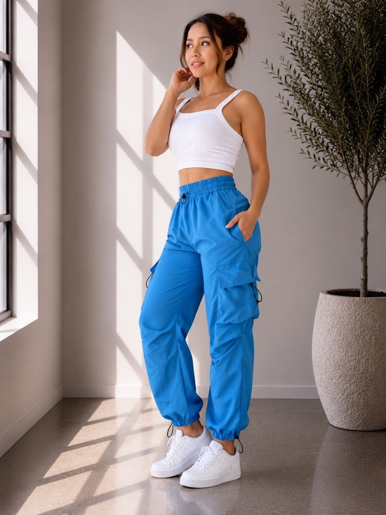 Pants - 417. Parachute Ruched Cargo Pants in Blue Jewel